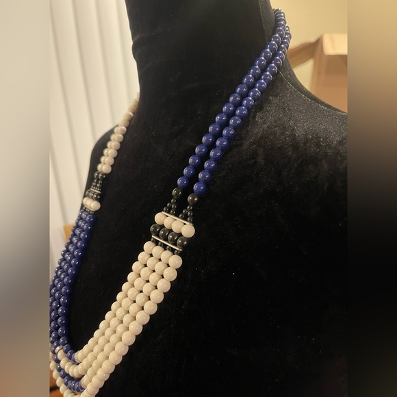 Multi-Strand Necklace in Blue & White w/Barrel Clasp - Picture 2 of 4